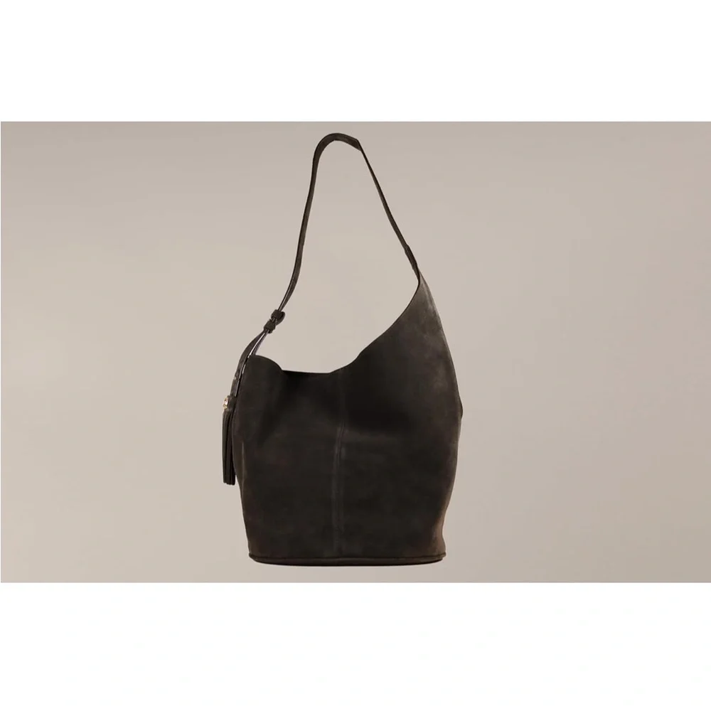 Sam Edelman🤎🖤 Astrid spiced pecan Suede Women's Black Leather Bucket Bag NWT